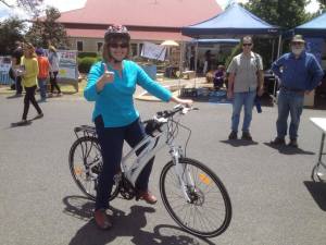 Karen Redman gives the e-bikes a thumbs up after taking it for a test ride at the Sustainable Living Festival